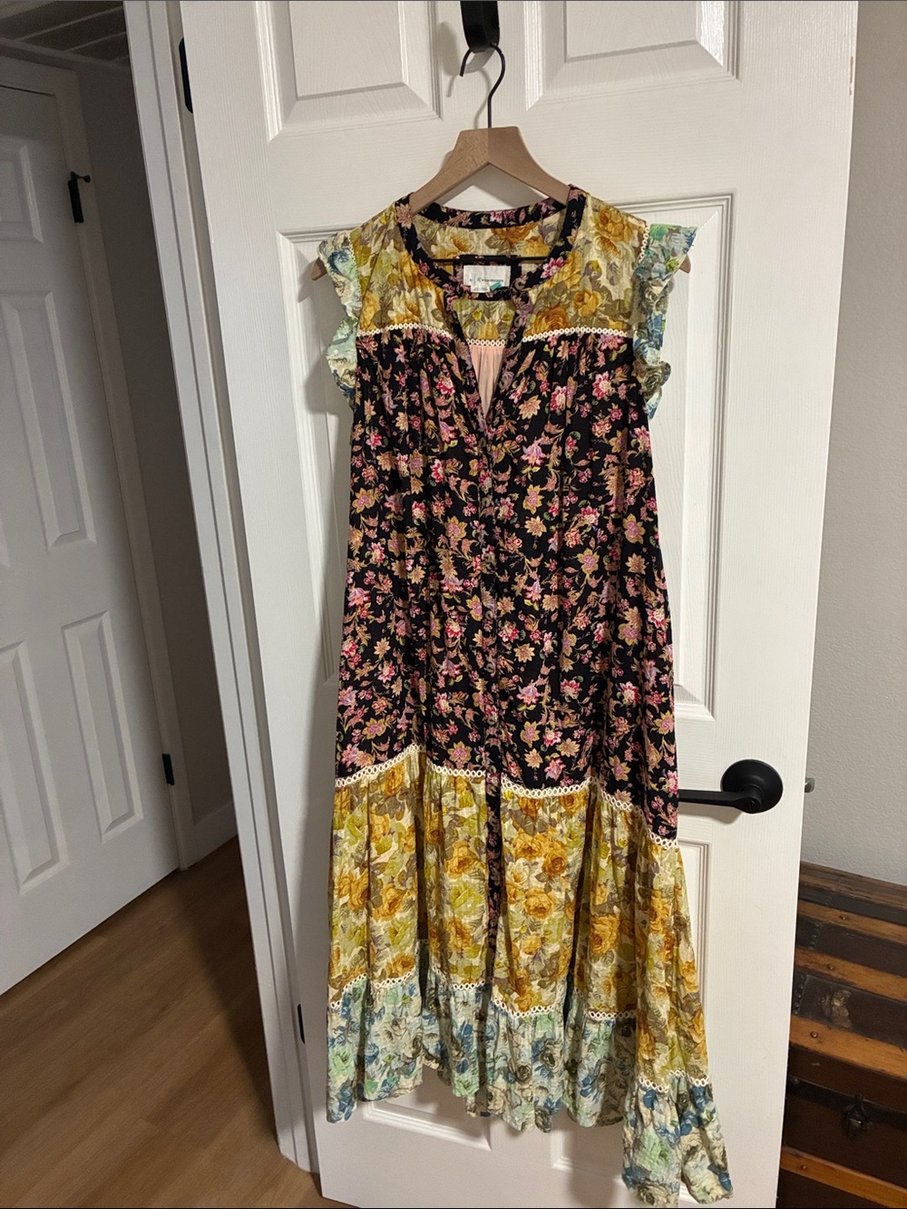 Anthropologie Floral Patchwork Maxi Dress in Black, Pink & Yellow
